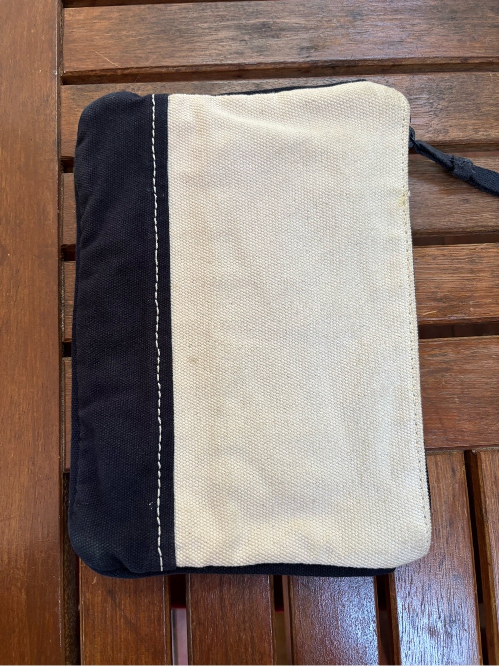 Land's End Zipper Canvas Ivory/Navy Blue Pouch Wristlet with Wrist Strap